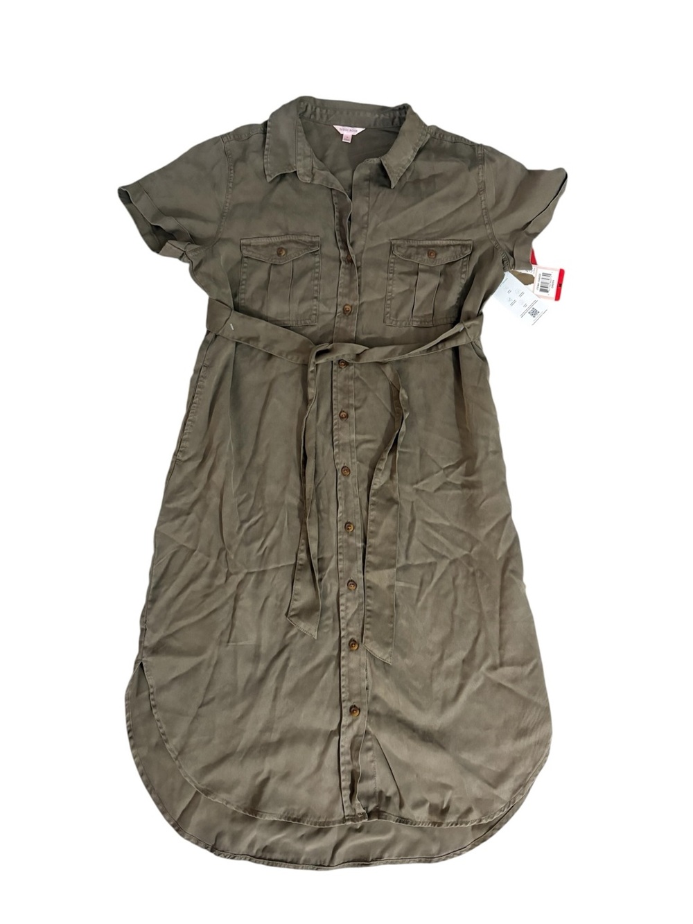 Utility Shirt Midi Dress with Self-Tie Waist in Olive